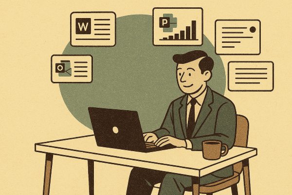 A cartoon of an information worker sitting at a desk