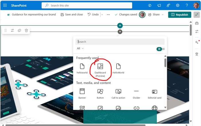 Adding the dashboard web part to a page