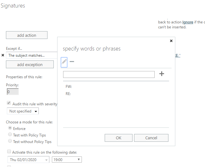 Configuring an exception for FW: and RE: