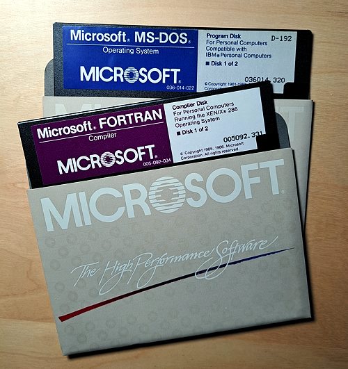 Original Microsoft FORTRAN and MS-DOS 3.5in. disks from 1980s